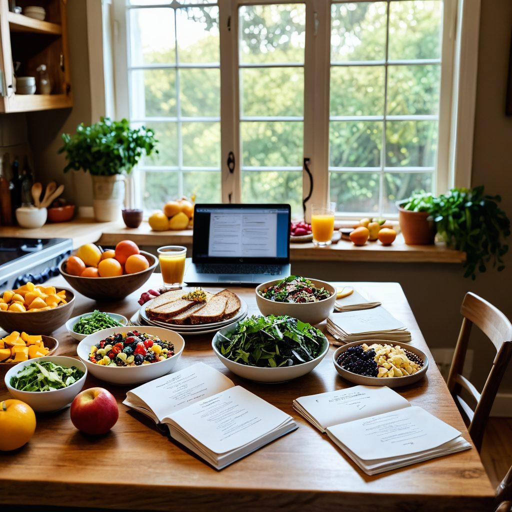 A cozy kitchen scene with a beautifully arranged wooden table filled with colorful, nutritious dishes like vibrant salads, fresh fruits, and whole grains. Above, a cookbook stands open with handwritten notes beside a laptop displaying a blog page about healthy recipes. Soft natural light streams through a window, illuminating the space, inviting readers to indulge in cooking. super-realistic. warm colors. vibrant details.