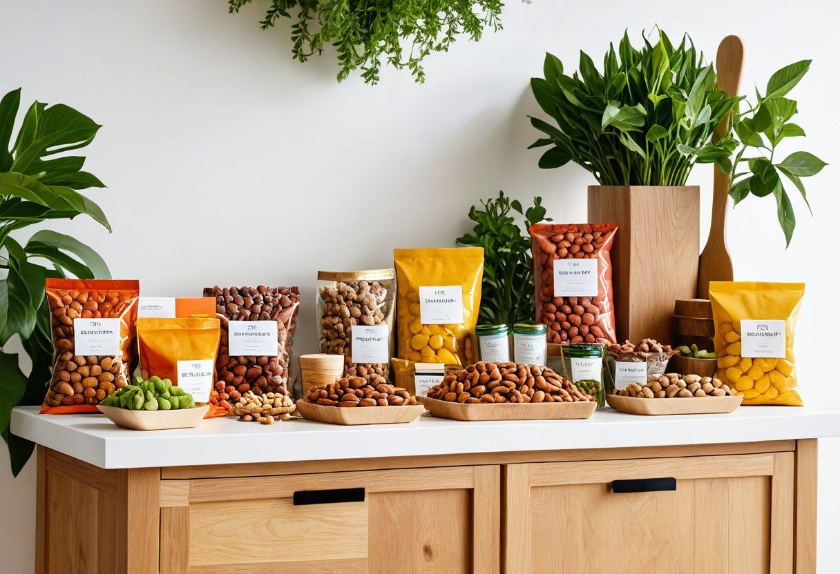 A vibrant, colorful spread of various healthy snacks, prominently displaying an array of nuts in eco-friendly packaging. Surrounding the snacks are leafy green plants and sustainable utensils, symbolizing a connection to nature. A backdrop of a sunlit kitchen with wooden accents enhances the warm, inviting atmosphere. The overall mood is joyful and inspiring, inviting healthy living and sustainability. super-realistic. vibrant colors. white background.