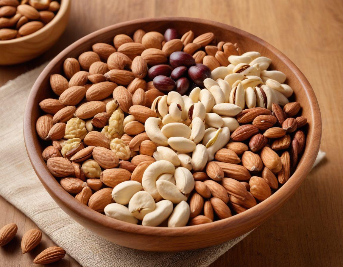A vibrant and colorful display of various nuts like almonds, walnuts, and cashews artistically arranged in a wooden bowl, surrounded by a selection of creative recipes and snack ideas written on recipe cards scattered around. Include fresh ingredients like fruits and herbs for a wellness theme, with a warm, inviting background that evokes a sense of health and creativity. super-realistic. vibrant colors. natural light.